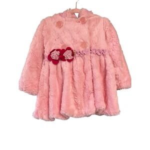 Corky & Company Girls Pink‎ Faux Fur Hooded Coat, Flower Detail - Size 2T